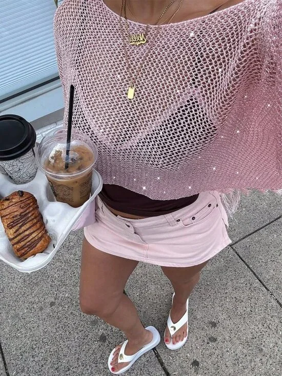 Pink Y2K Boho Women's Sequin Tassel Crochet Cover-Up Shawl Top - Picture 4 of 11